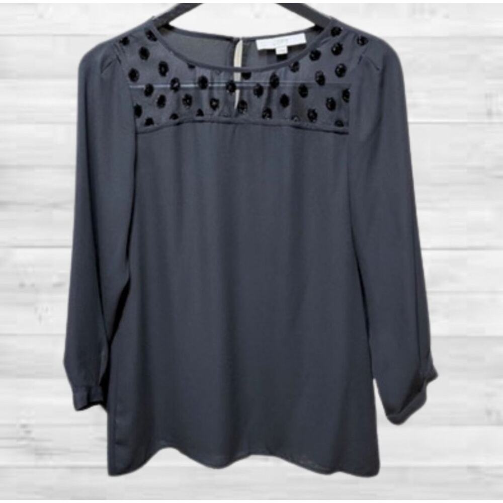 Ann Taylor LOFT Black Semi Sheer Velvet Polka Dot Blouse, Office Chic, Medium